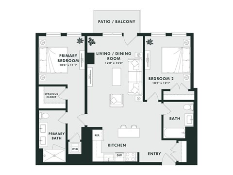 Floor plan for 2 beds, 2 baths, 1103 sqft